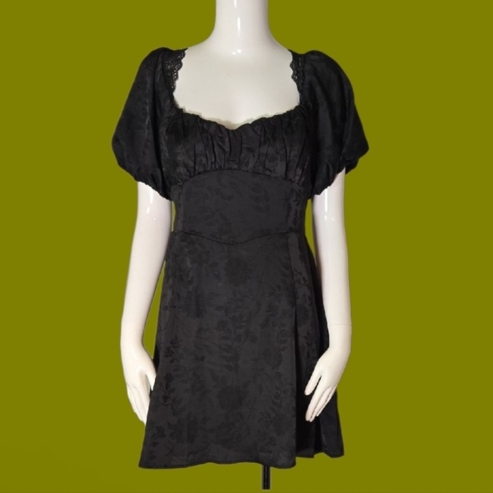 Satin & Lace Puff Sleeve Floral Print Mini Dress, Black, Sz Small